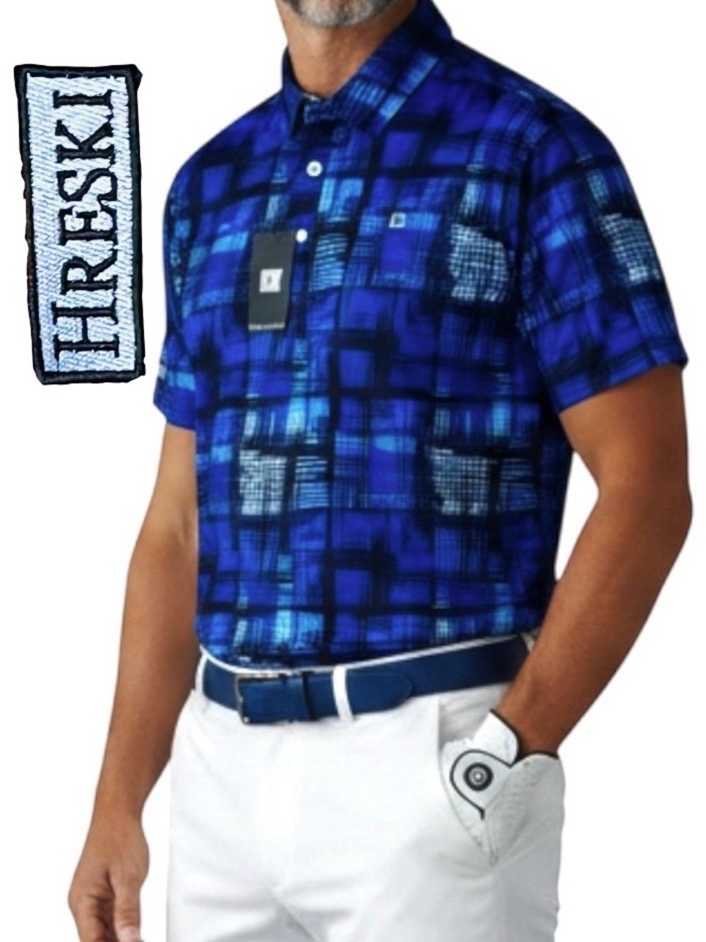 Hreski Golf Polo Shirt Men L Blue Square Patches Short Sleeves NEW